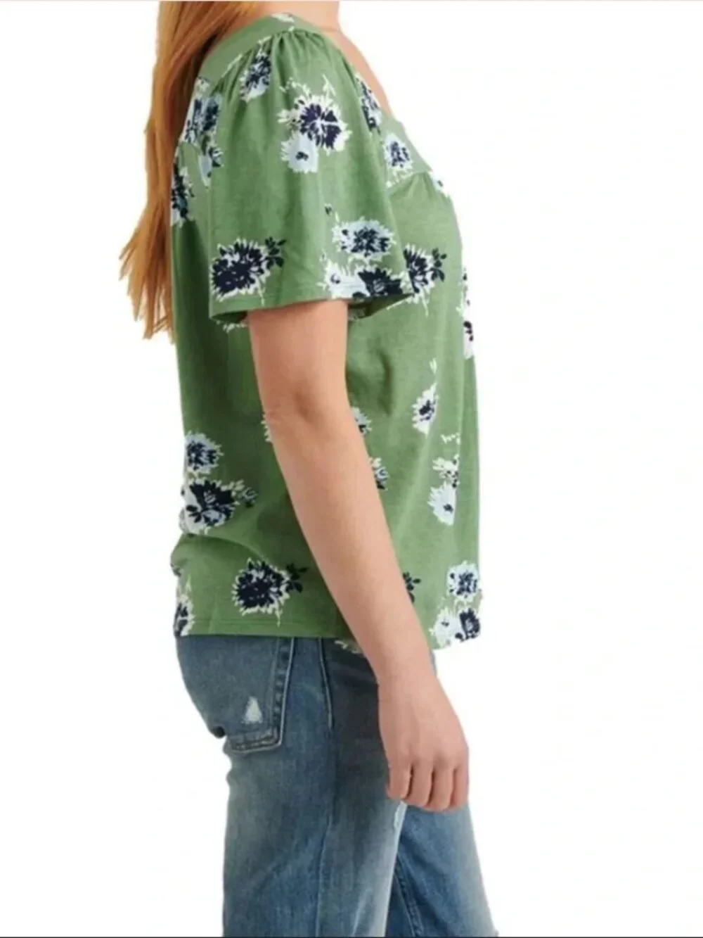 Lucky Brand Women's Square Neck Floral Short Sleeve Blouse Spring Green Size XL